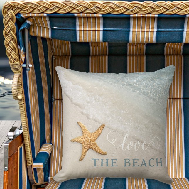 Enkelt bergsbuss av grodfisk Vågar Pillow Kudde (Simple starfish beach waves coastal nautical pillow with (optional) script text)