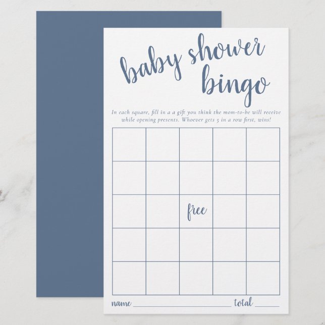 Enkelt Bingo-kort | Dusty Blue Baby Shower Game (Fram/baksida)