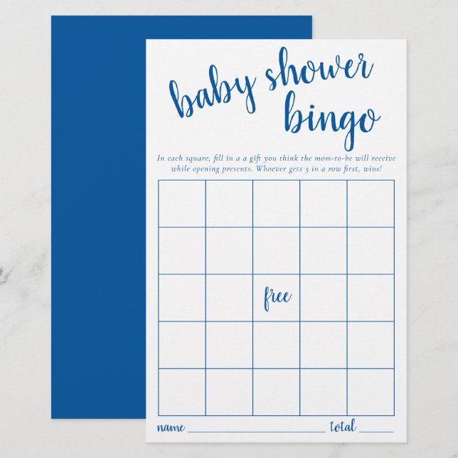 Enkelt Bingo-kort | Klassiskt Blue Baby Shower-spe (Fram/baksida)