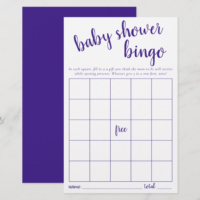 Enkelt Bingo-kort | Lila Baby Shower-spel (Fram/baksida)