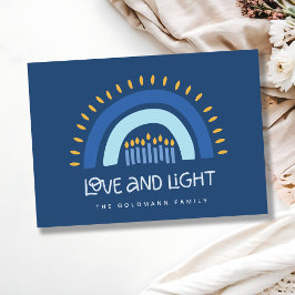 Enkelt blå regnbågsljus Kärlek och Light Hanukkah Julkort