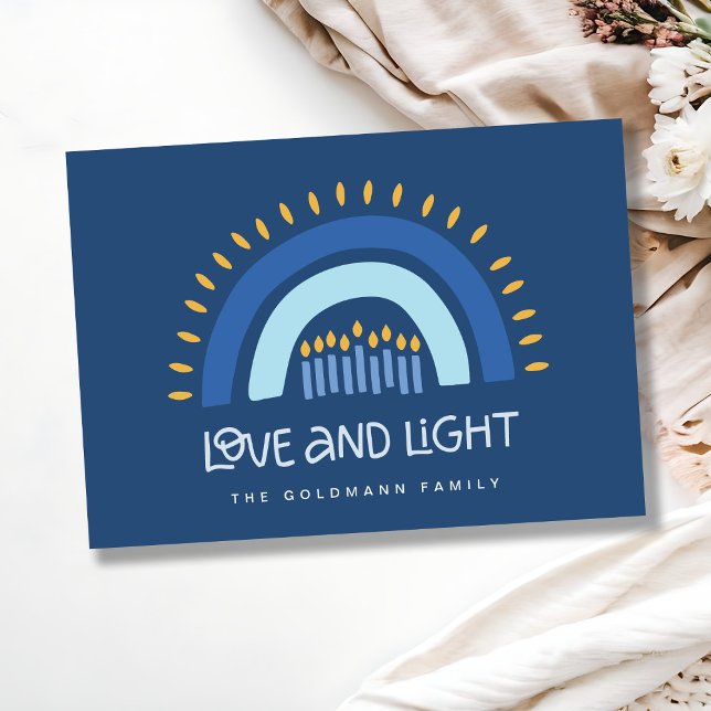 Enkelt blå regnbågsljus Kärlek och Light Hanukkah Julkort (Skapare uppladdad)