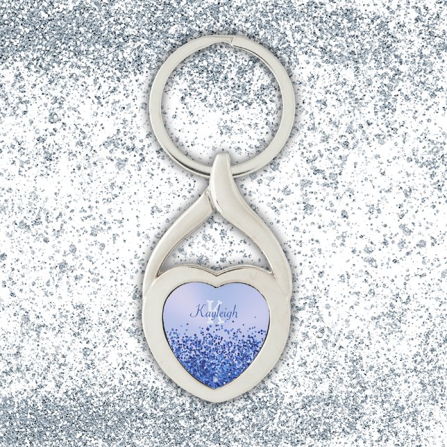 Enkelt blåborstat Metall och Glitter Monogram | Twisted Heart Silverfärgad Nyckelring (Skapare uppladdad)