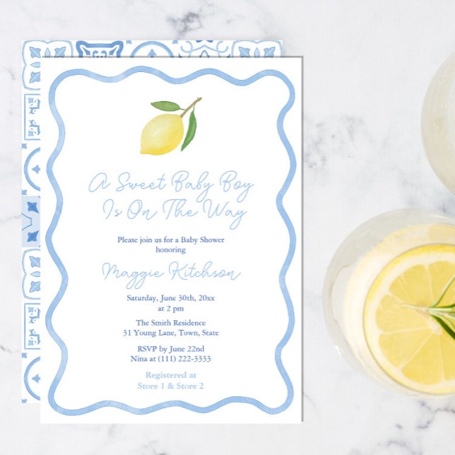 Enkelt bläckande Gräns Lemon Sweet Pojke Shower Inbjudningar (Blue And White wavy border baby shower invitation with lemon to welcome a sweet baby boy. )