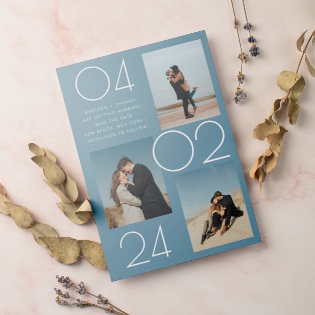 Enkelt blått 3 foto Bröllop spara datum Magnetisk Inbjudningskort (Skapare uppladdad)