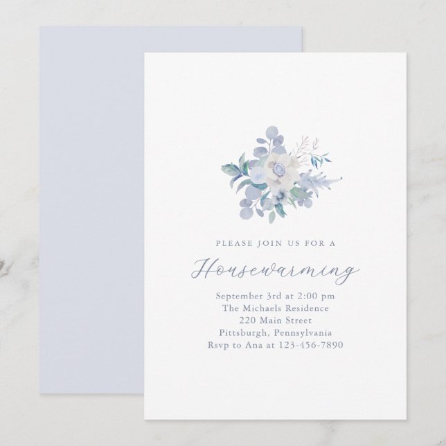 Enkelt blått Blommigt nytt hemhus Party Meddelande (Fram/baksida)