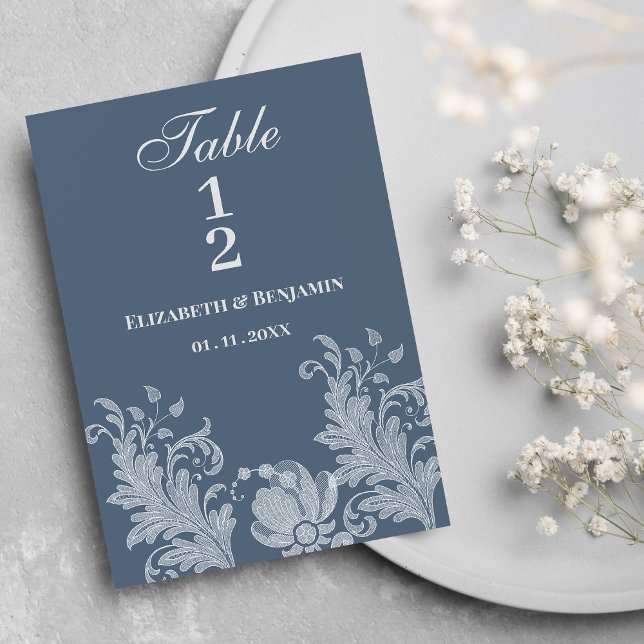 Enkelt blått blommigt snöre Bordsnummer (Simple mauve blue white floral lace Table Numbers)