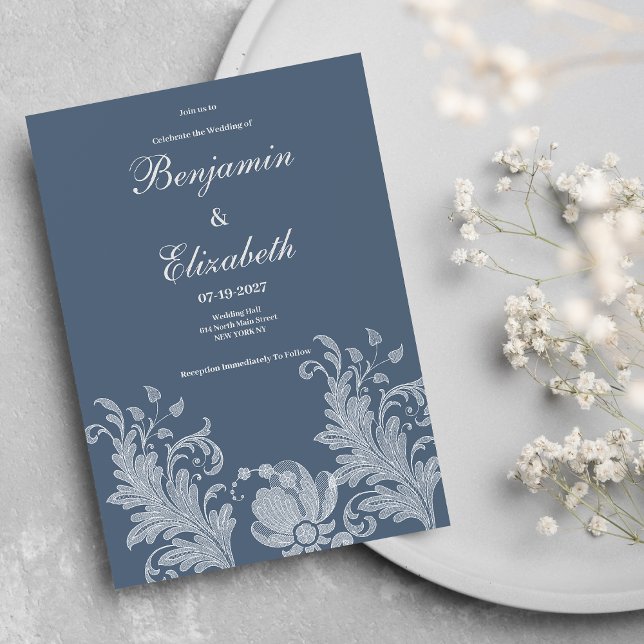 Enkelt blått blommigt snöre Bröllop Inbjudningar (Simple mauve blue white floral lace Wedding )