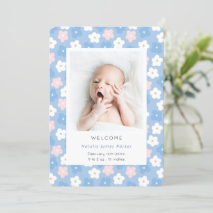 Enkelt blått Blommigt vattenfärg Cute Birth Meddelande