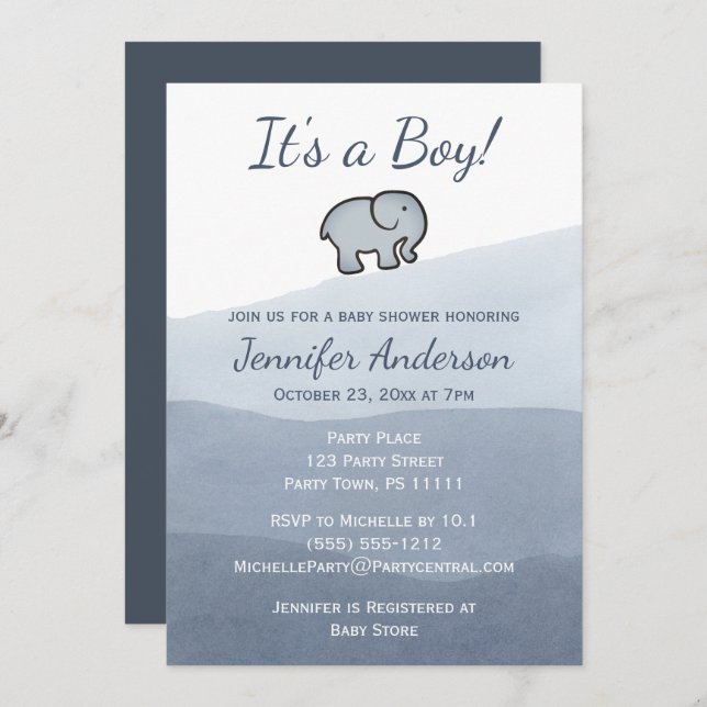 Enkelt blått elefant med vattenfärg Boy Shower Inbjudningar (Fram/baksida)