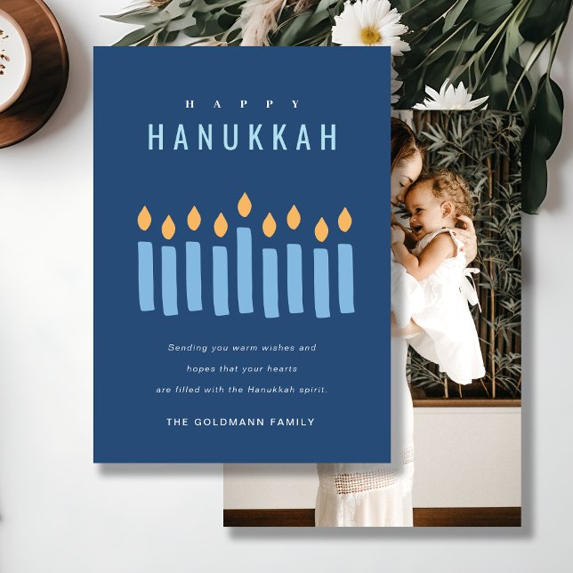 Enkelt blått Gult ljus Lycklig Hanukkah Photo Julkort (Skapare uppladdad)
