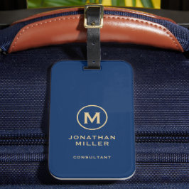 Enkelt blått gyllene monogram bagagebricka