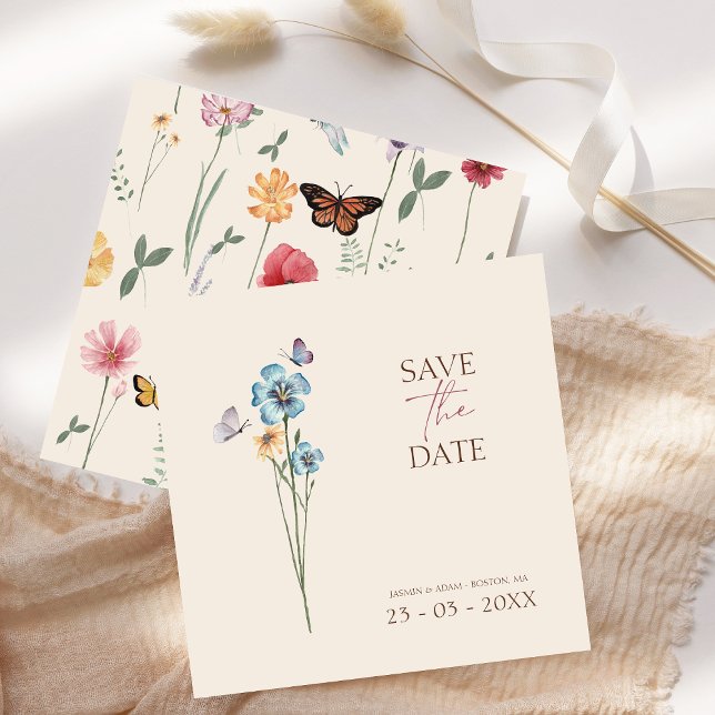 Enkelt blått havsabborre Butterflies Blommigt Bröl Spara Datumet (Simple Blue Wildflower Butterflies Floral Wedding Save The Date)