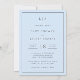 Enkelt blått och Grått Monogram Boy Shower Inbjudningar