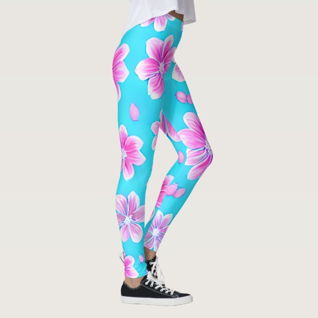 Enkelt blått och Rosa Flower Mönster Leggings (Höger)