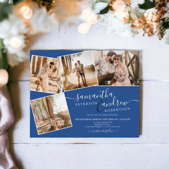 Enkelt blått skript 5 bilder budget bröllop (Simple blue white script 5 photos budget wedding)