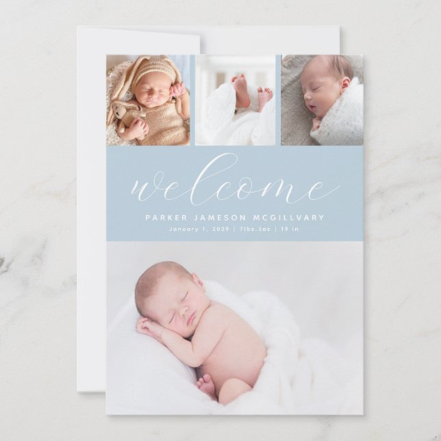 Enkelt blått välkomstfoto Collage Pojke Birth A Meddelande (Framsida)
