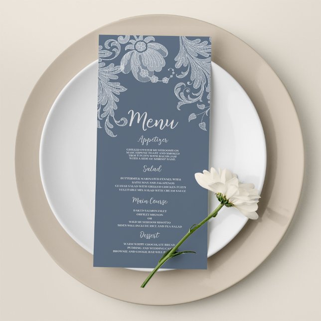 Enkelt blåvit blommigt snöre Bröllop Menu Program (Simple mauve blue white floral lace Wedding Menu )