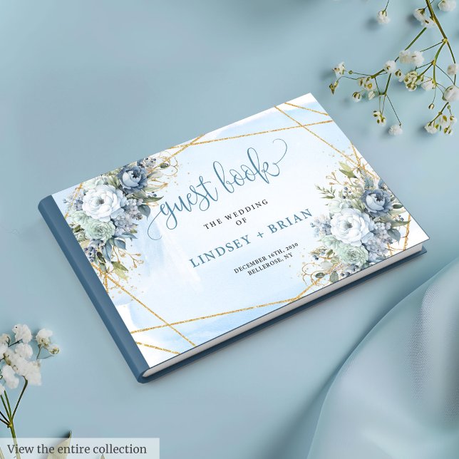 Enkelt blåvitaktigt Guld-blommor, gäst Bok (Glam Blue Peonies White Gold Wedding Guest Book

)