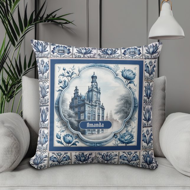 Enkelt blommigt palace chinoiserie toile monogram kudde (Skapare uppladdad)