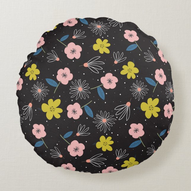 Enkelt Blommönster för svartvit och Rosa Rund Kudde (Framsidan)