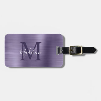 Enkelt borstat metalliskt midnattsmonogram Lila Bagagebricka