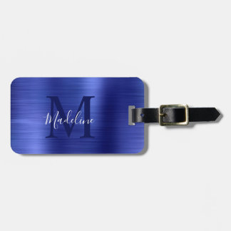 Enkelt borstat metalliskt Royal blått monogram Bagagebricka