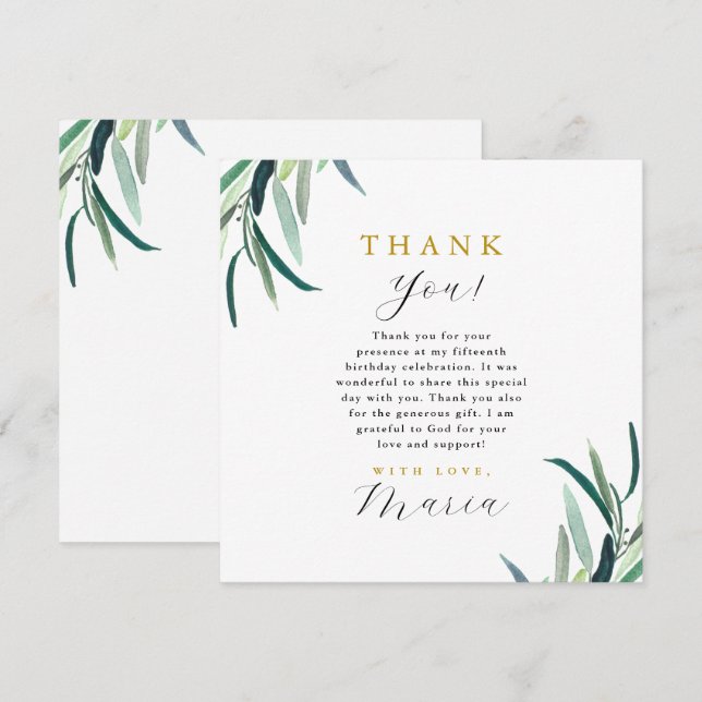 Enkelt botaniskt 15:e födelsedag Tack Inbjudningar (Fram/baksida)