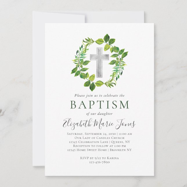 Enkelt botaniskt grönt andedräkt Kor-baptism Inbjudningar (Framsida)