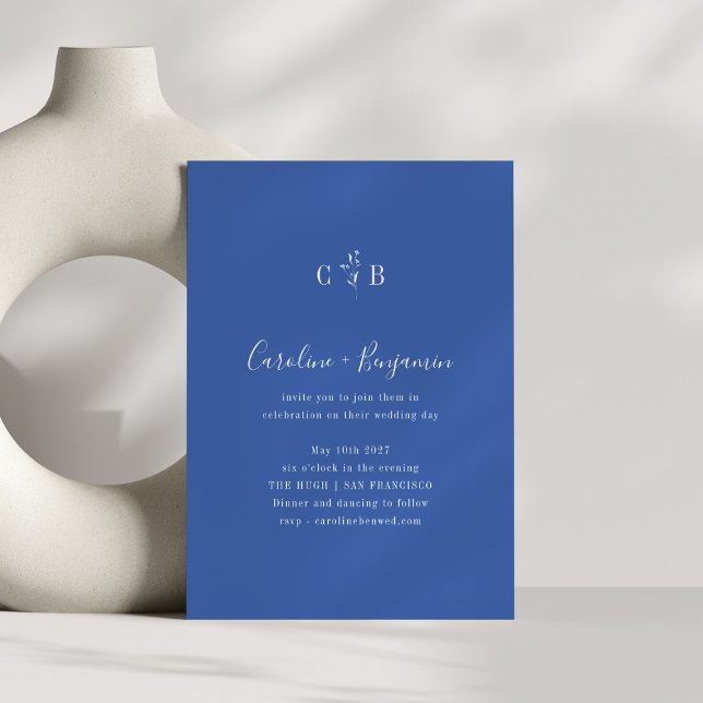 Enkelt botaniskt minimalistiskt monogram Blue Bröl Inbjudningar (Skapare uppladdad)