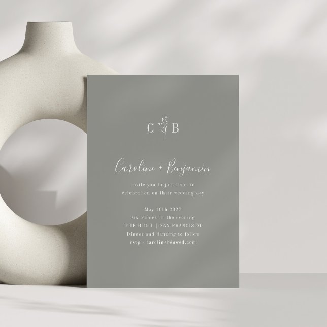 Enkelt botaniskt minimalistiskt monogram Grått Brö Inbjudningar (Skapare uppladdad)
