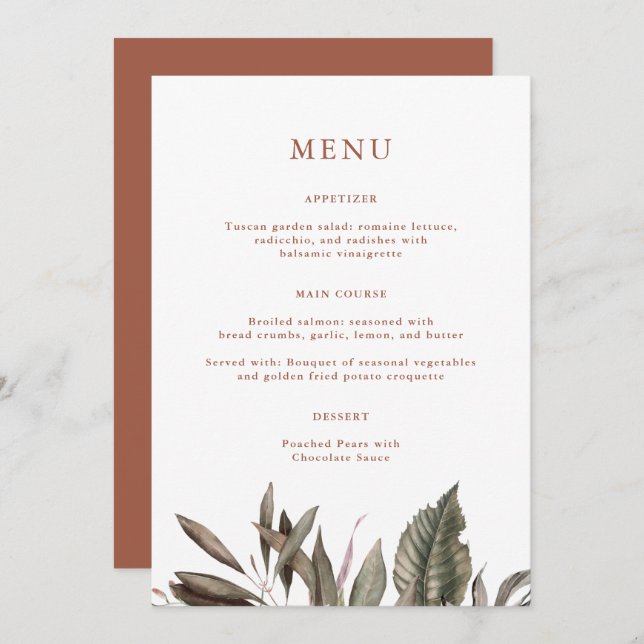 Enkelt botaniskt terracotta Monogram Bröllop Menu (Fram/baksida)