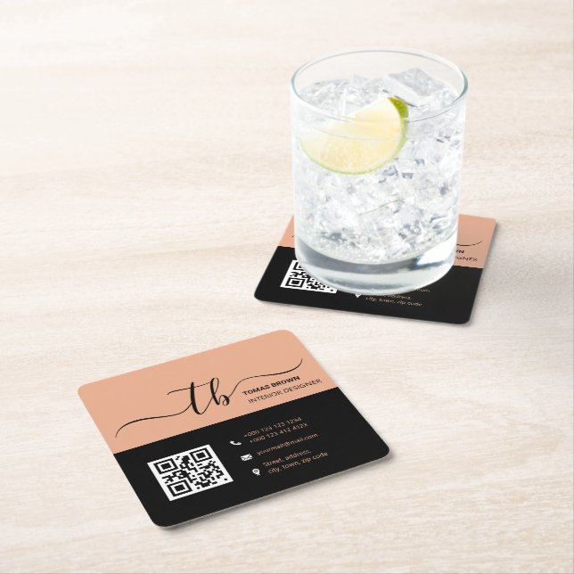 Enkelt Brev-monogram | Persikor och svart Underlägg Papper Kvadrat (Insitu)