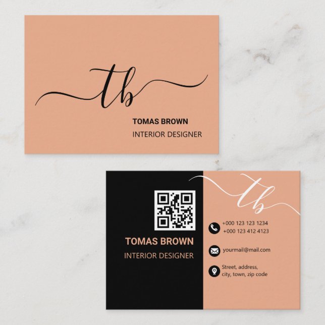 Enkelt Brev-monogram | Persikor och svart Visitkort (Fram/baksida)