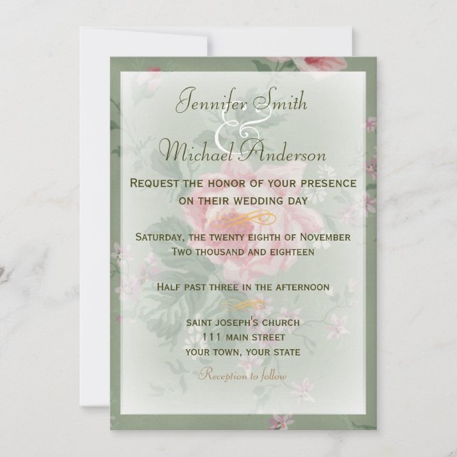Enkelt bröllop för för inbjudangrönt & rosa ros inbjudningar (Framsida)