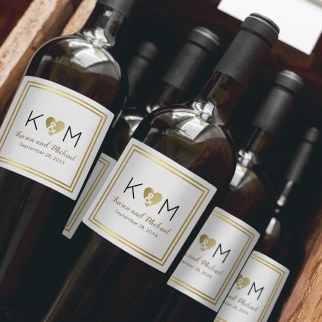 enkelt bröllop kärlek monogram på vitt vinflaska etikett (wine lovers)