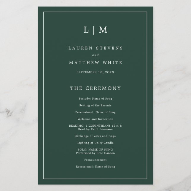 Enkelt Bröllopsprogram för Grönt av skog, Monogram (Framsida)