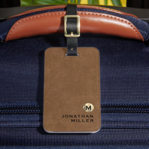 Enkelt brunt läder Guld Monogram Bagagebricka