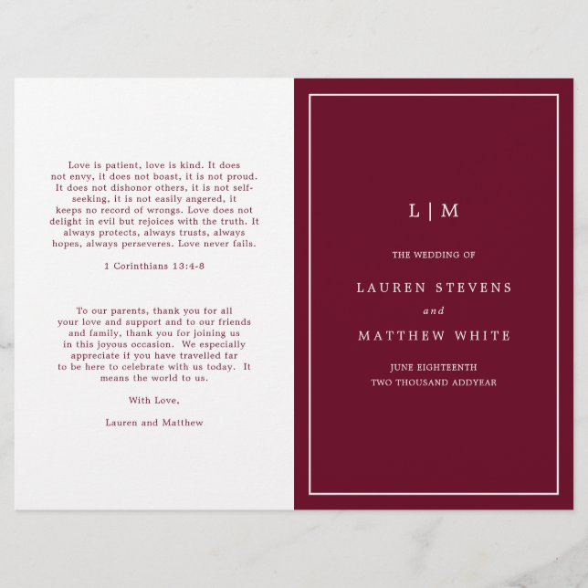 Enkelt Burgundy Monogram Elegant bröllop-program (Framsida)