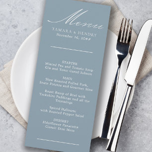 Enkelt Calligraphy Dusty Blue Bröllop Menu Meny