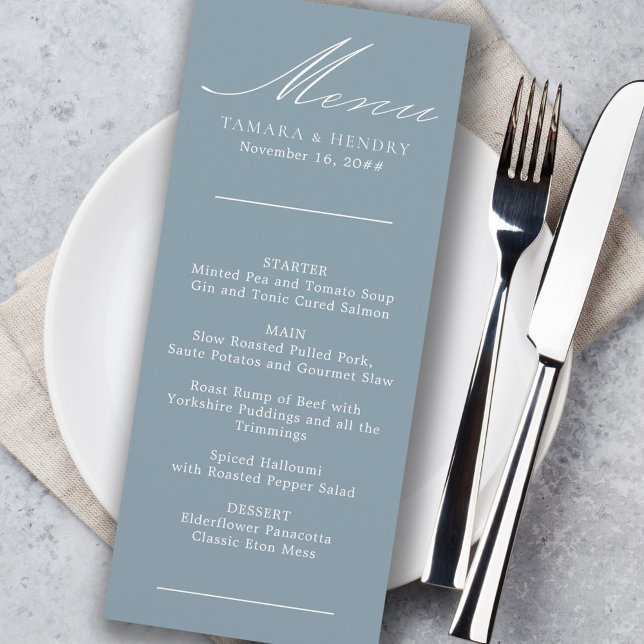 Enkelt Calligraphy Dusty Blue Bröllop Menu Meny (Skapare uppladdad)