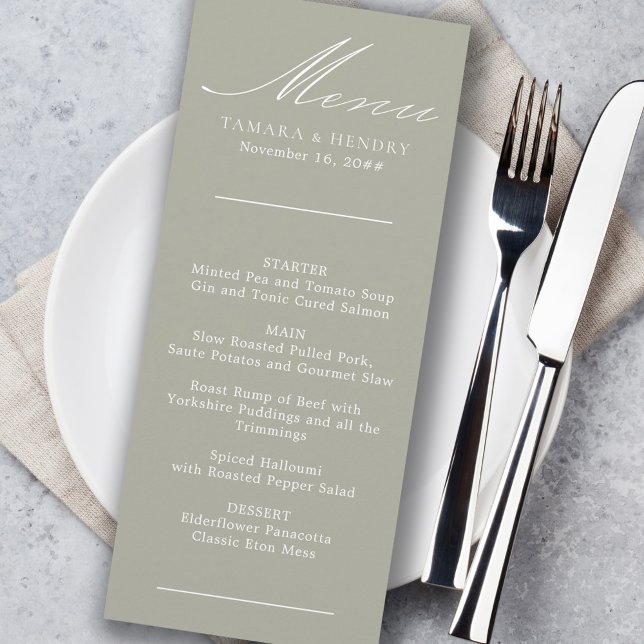Enkelt Calligraphy Sage Grönt Bröllop Menu Meny (Skapare uppladdad)