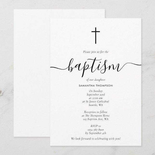 Enkelt Calligraphy Script Baptism Christening Inbjudningar (Fram/baksida)