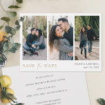 Enkelt Chic Anpassningsbar Multi Photo Collage Brö Spara Datumet<br><div class="desc">Den här enkla, snyggt moderna, tre bröllop spara datum-platta bildkortsmallen innehåller dina foton och "SPARA DATE" som markeras i elegant guld-tonen som heter Kalifornien Guld (färg A98F64) och som återges med en träffande blandning av två olika typsnitt, med "och" i ett ljusflöde, mellan de andra två orden, som ligger i...</div>
