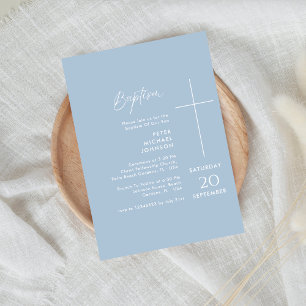 Enkelt Christening Dusty Blue Pojke Baptism Inbjudningar