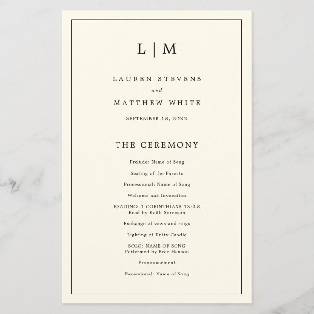 Enkelt Cream Monogram Elegant bröllop-program (Framsida)