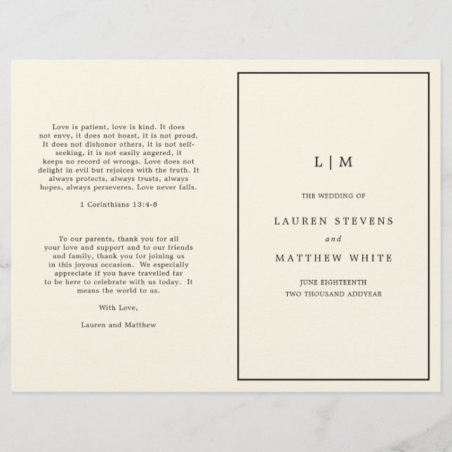 Enkelt Cream Monogram Elegant bröllop-program (Framsida)