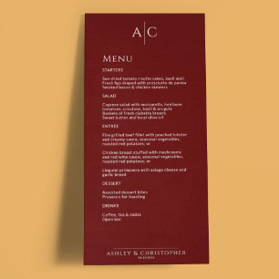 Enkelt Crimson Red Monogram Wedening Reception Meny