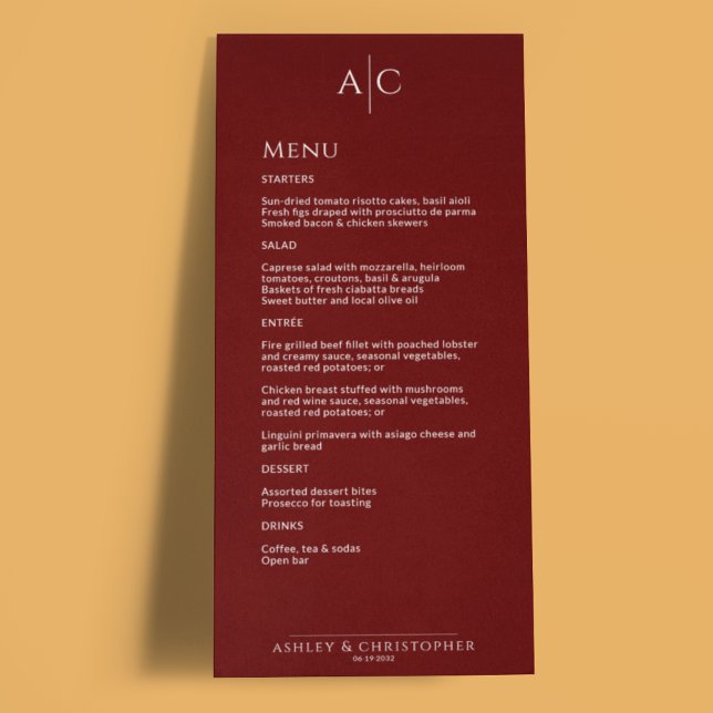 Enkelt Crimson Red Monogram Wedening Reception Meny (Skapare uppladdad)