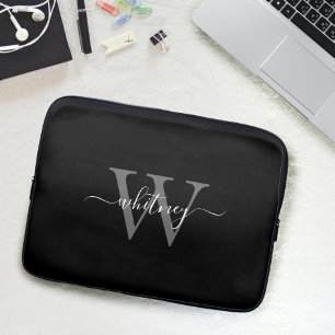 Enkelt Cute Black & White Monogram Namn & initial Laptop Fodral
